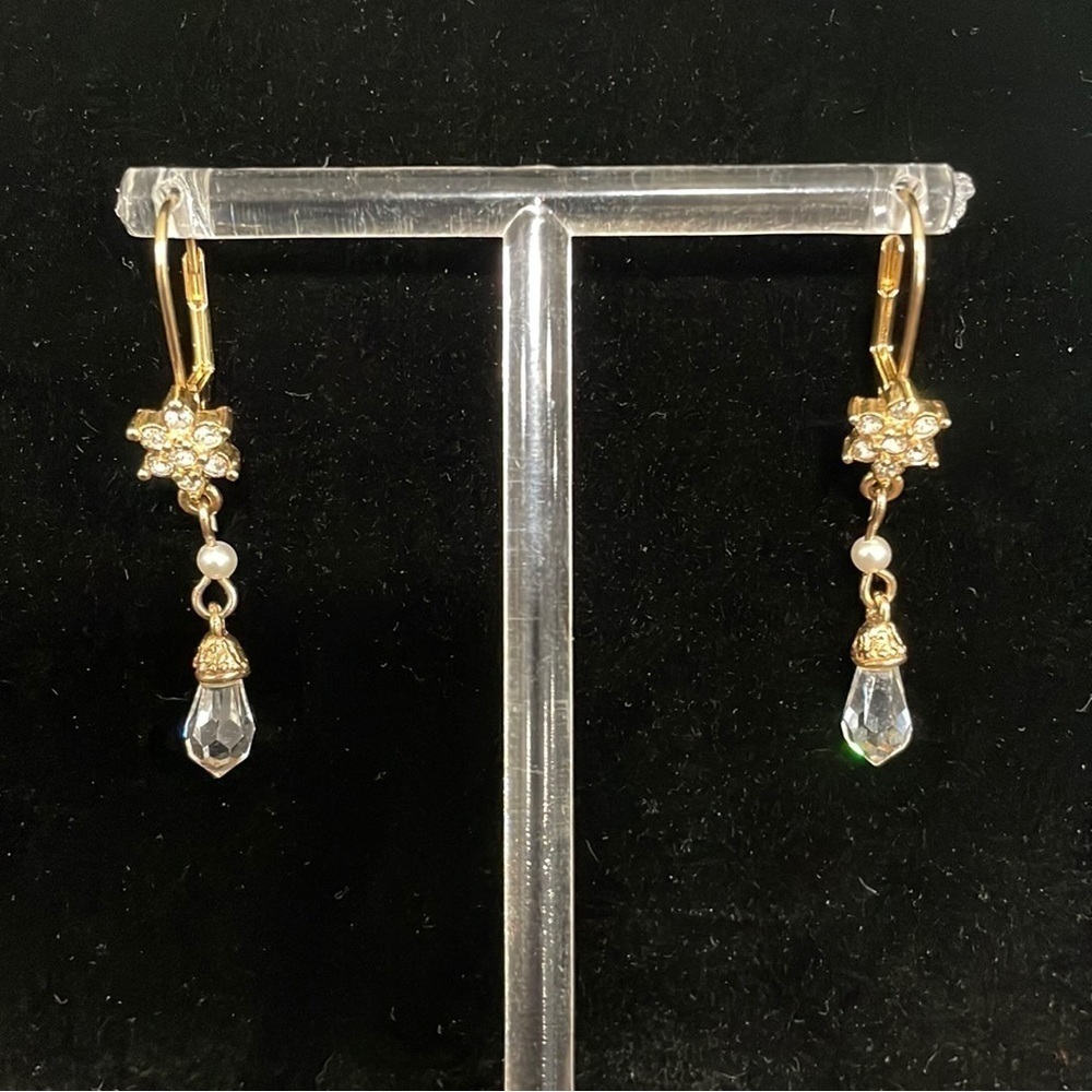 Rhinestone, faux pearl and faceted crystal drop earrings gold tone